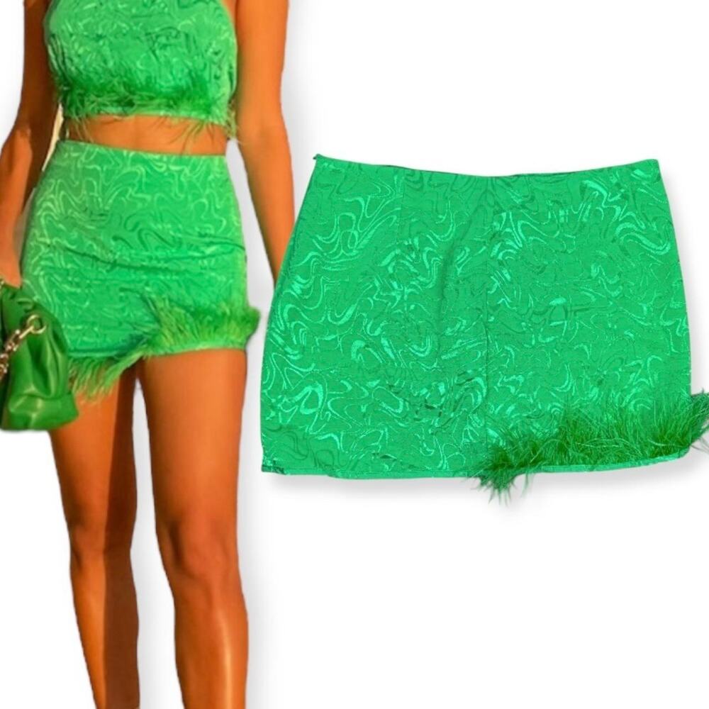Berksha Green Jacquard Swirl Feather Mini Skirt Sz L
